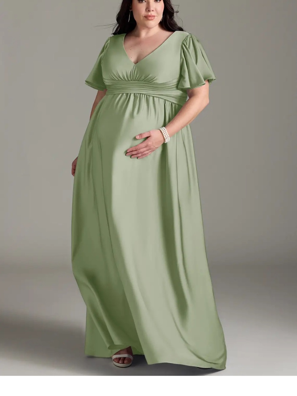 Azazie A-Line Ruched Stretch Satin Floor-Length Dress Dusty Sage
